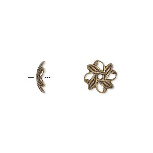 Bead cap, antique gold-plated brass, 10x3mm fancy leaf with cutout pattern, fits 10-12mm bead. Sold per pkg of 100.