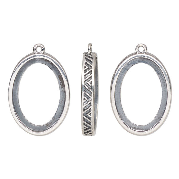 Drop, antiqued sterling silver, 20.5x15mm oval with 18x13mm oval setting and chevron design with open back. Sold individually. image number 0