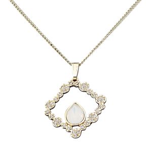 Necklace, glass rhinestone / sea "opal" glass / gold-finished steel / "pewter" (zinc-based alloy), clear, 36x36mm diamond, 16 inches with 2-inch extender chain and lobster claw clasp. Sold individually.