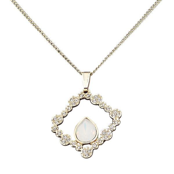 Necklace, glass rhinestone / sea "opal" glass / gold-finished steel / "pewter" (zinc-based alloy), clear, 36x36mm diamond, 16 inches with 2-inch extender chain and lobster claw clasp. Sold individually. image number 0