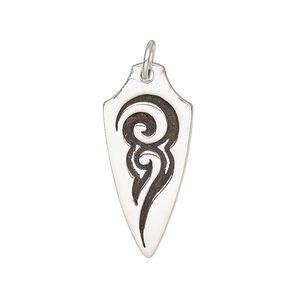 Charm, antiqued sterling silver, 24.5x11 single-sided arrowhead with tribal design and 5mm soldered jump ring. Sold individually.