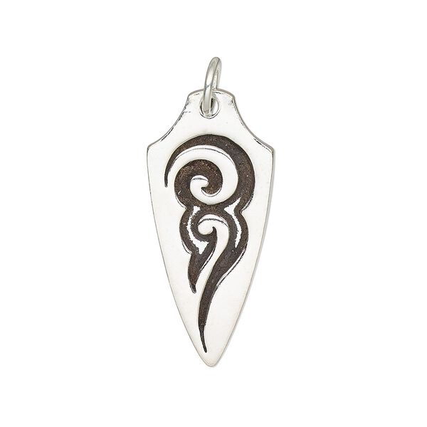 Charm, antiqued sterling silver, 24.5x11 single-sided arrowhead with tribal design and 5mm soldered jump ring. Sold individually. image number 0