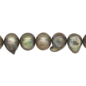 Freshwater 1pkg1, flat-sided rice pearl, 15.5-16 inch brass peacock 10-12mm cultured