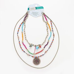 Necklace component, 4-strand, acrylic / waxed cotton cord / glass / antiqued brass-coated plastic / antiqued brass-finished steel, multicolored, 17 inches. Sold individually.