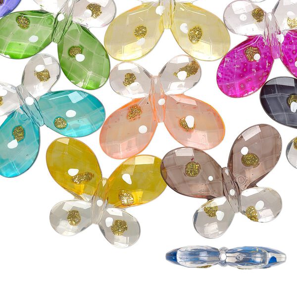 Bead, acrylic, clear / white / multicolored with gold-colored glitter, 45x33mm single-sided butterfly with painted dots. Sold per pkg of 12. image number 0