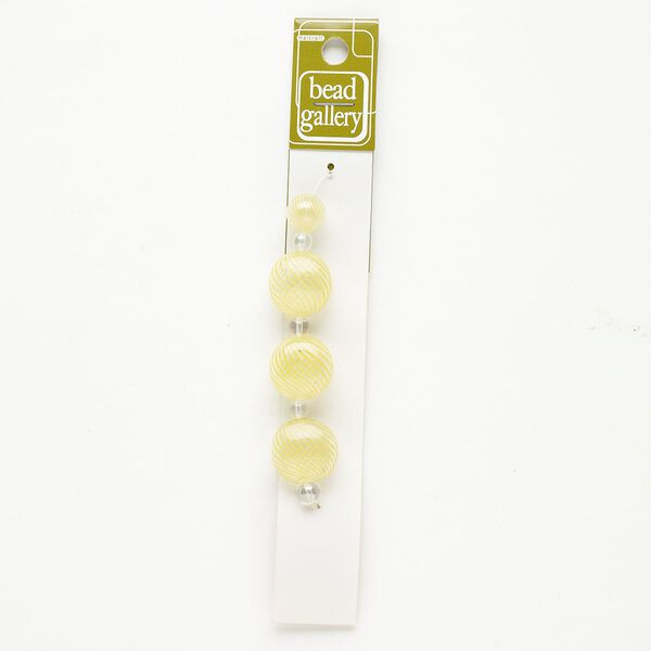 Bead 1pkg4 handblown glass, 12mm round / 19-20mm puffed flat round / line design, assortment translucent clear / yellow image number 0