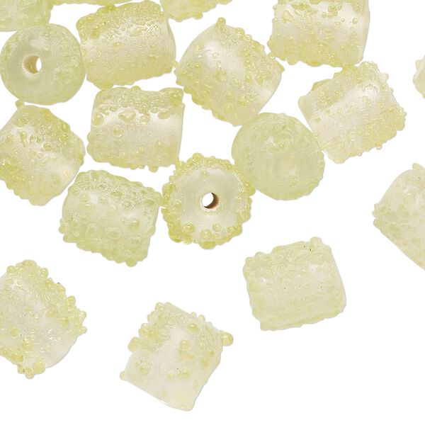 Bead, lampworked glass, translucent clear and yellow-green, 11x9mm textured round tube. Sold per pkg of 40 beads. image number 0