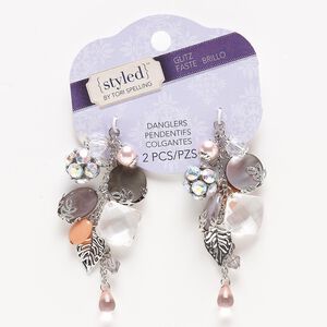 Focal, black lip shell (natural) / glass / glass rhinestone / acrylic / silver-finished steel, multicolored, 68x23mm. Sold per pkg of 2.