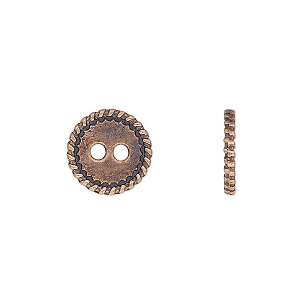 Button, antique copper-plated "pewter" (zinc-based alloy), 12.5mm double-sided flat round with rope edge. Sold per pkg of 50. image number 0