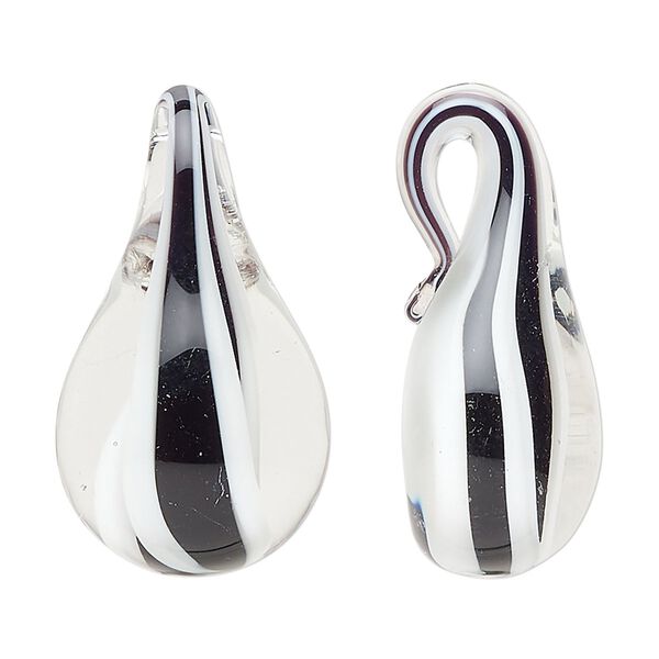 Focal, lampworked glass, clear / opaque white / opaque black, 31x18mm-33x19mm teardrop with swirl. Sold individually. image number 0
