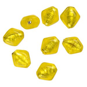 Bead, lampworked glass, opaque yellow, 16x15mm-14x12mm puffed kite with silver-colored foil. Sold per pkg of 8.