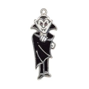 Charm, enamel and silver-plated "pewter" (zinc-based alloy), black / white / red, 32x13mm single-sided vampire. Sold individually.