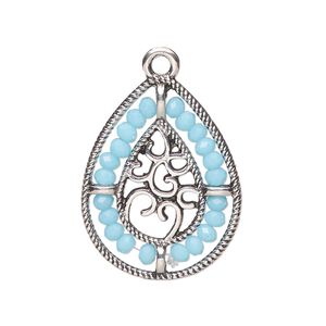 Drop, antique silver-finished "pewter" (zinc-based alloy), aqua blue, 27.5 x 21.5mm teardrop with hearts and beaded border. Sold per pkg of 2.