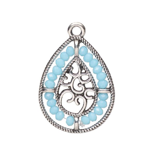 Drop, antique silver-finished "pewter" (zinc-based alloy), aqua blue, 27.5 x 21.5mm teardrop with hearts and beaded border. Sold per pkg of 2. image number 0