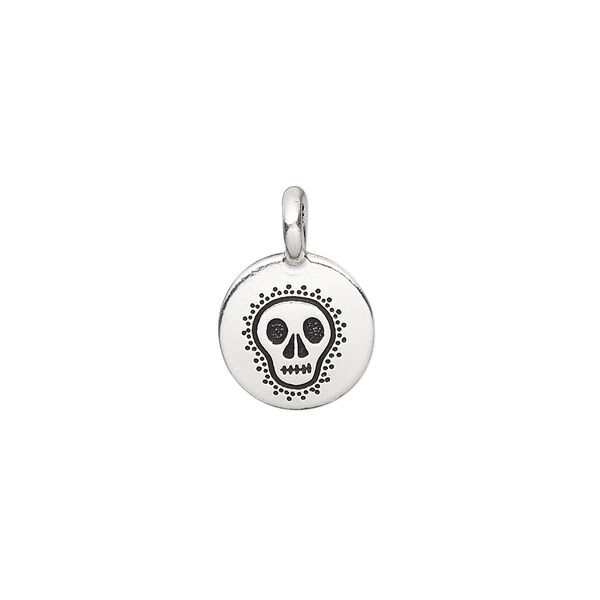 Drop, TierraCast®, antique silver-plated pewter (tin-based alloy), 12mm single-sided flat round with fancy skull. Sold per pkg of 2. image number 0