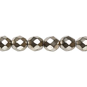 Bead, Czech fire-polished glass, opaque gold carmen, 8mm faceted round. Sold per 15-1/2" to 16" strand.