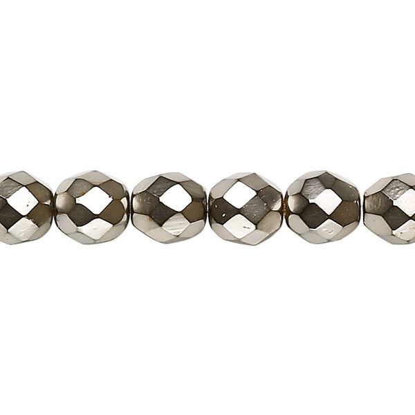 Bead, Czech fire-polished glass, opaque gold carmen, 8mm faceted round. Sold per 15-1/2" to 16" strand. image number 0