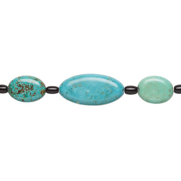 Bead mix, "turquoise" (imitation) resin and glass, multicolored, 8x6mm barrel / 18x13mm flat oval / 30x15mm-30x18mm puffed oval. Sold per pkg of 7. image number 0