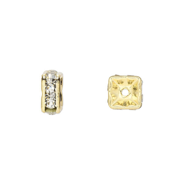 Bead, glass rhinestone and gold-finished brass, clear, 8x4mm squaredelle. Sold per pkg of 10. image number 0