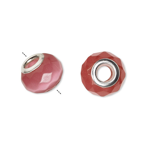 Bead, Dione®, cat's eye glass (fiber optic glass) and silver-plated brass grommets, opaque dark pink, 13x10mm-14x10mm faceted rondelle. Sold per pkg of 4. image number 0