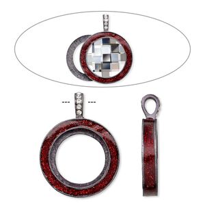Pendant, Almost Instant Jewelry®, epoxy / crystals / gunmetal-finished "pewter" (zinc-based alloy), light Siam red and crystal clear with glitter, 45x35mm single-sided with 30mm round setting. Sold individually.
