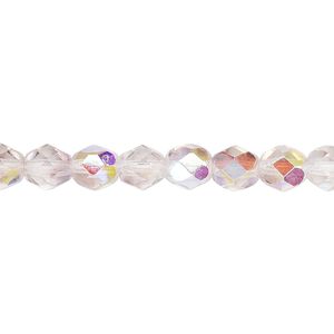 Bead, Czech fire-polished glass, two-tone, crystal/lavender AB, 6mm faceted round. Sold per 15-1/2" to 16" strand.