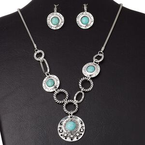 Necklace and earring set, antique silver-plated "pewter" (zinc-based alloy) and magnesite (dyed), blue-green, 28mm flat round, 18 inches with 3-inch extender chain and lobster claw clasp, 34x22mm earrings with steel leverback ear wire. Sold per set.