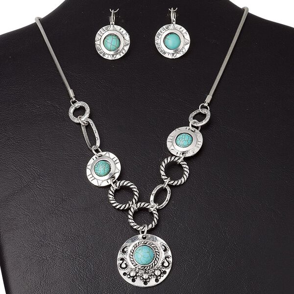 Necklace and earring set, antique silver-plated "pewter" (zinc-based alloy) and magnesite (dyed), blue-green, 28mm flat round, 18 inches with 3-inch extender chain and lobster claw clasp, 34x22mm earrings with steel leverback ear wire. Sold per set. image number 0