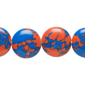 Bead, resin, dark blue and orange, 16mm flat round. Sold per 15" to 16" strand.