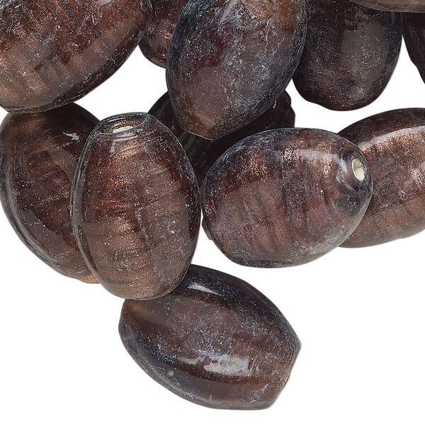 Bead, lampworked glass, translucent dark purple, 18x13mm-19x15mm flat oval with copper-colored glitter. Sold per pkg of 25. image number 0