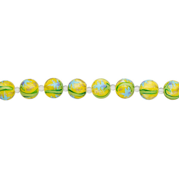 Bead, glass 1pkg8, multicolored, 14mm round with hand-painted leaf and flower. image number 1