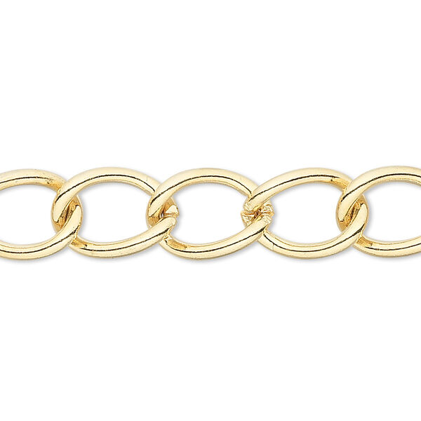 Chain, gold-finished brass, 9mm curb. Sold per pkg of 5 feet. image number 0