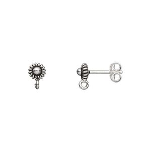 Earstud 1pkg6 sterling silver, 6mm flower / open loop, antiqued 3 pair