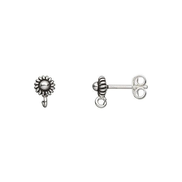Earstud 1pkg6 sterling silver, 6mm flower / open loop, antiqued 3 pair image number 0
