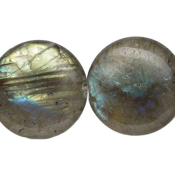 Bead, labradorite (natural), 25mm flat round, B grade, Mohs hardness 6 to 6-1/2. Sold per 8-inch strand. image number 0