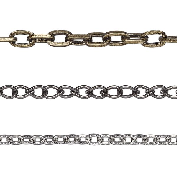 Chain mix, antique silver- / gold- / antique copper-finished steel, 2.1mm-5.1mm random mixed shapes. Sold per pkg of (3) 39-inch chains. image number 0