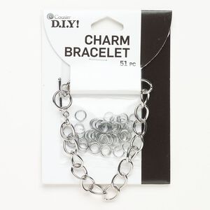 Bracelet split ring jump ring assortment steel 53pk 8.1mm curb 6mm round jump ring, antique silver finish 7 inch