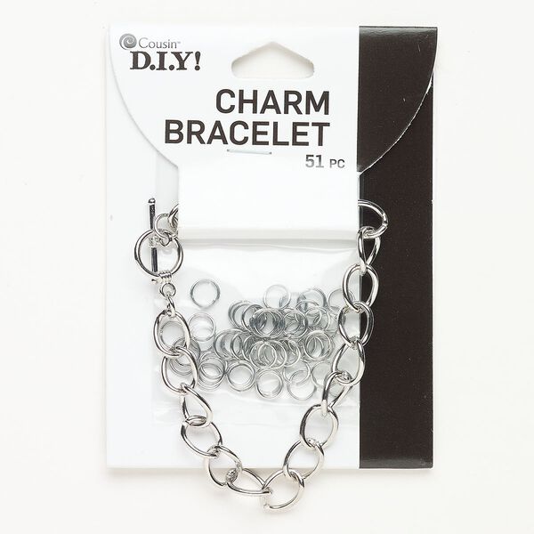 Bracelet split ring jump ring assortment steel 53pk 8.1mm curb 6mm round jump ring, antique silver finish 7 inch image number 0
