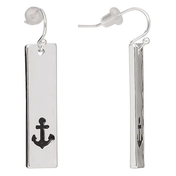 Earring, antique silver-finished "pewter" (zinc-based alloy), 40mm fishhook with 33.5x9mm rectangle with anchor design, 21 gauge. Sold per pair. image number 0