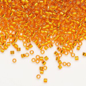 Seed bead, Delica®, glass, pkg/250g, #10 round, transparent silver-lined orange (DBM-0045).