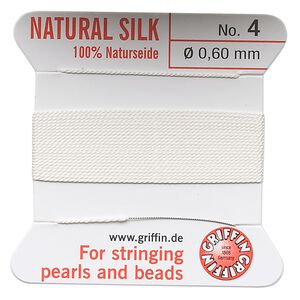 Thread, Griffin, silk, white, size #4. Sold per 2-meter card (approximately 78 inches).