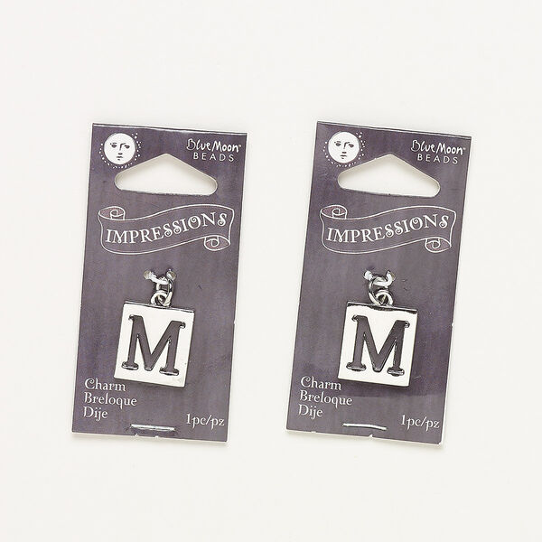 Drop, silver-finished "pewter" (zinc-based alloy) and steel, 16x15mm flat square with cutout alphabet letter "M." Sold per pkg of 2. image number 0