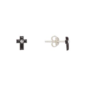 Earstud, Create Compliments®, sterling silver and crystal, black and clear, 7x5mm cross. Sold per pair.