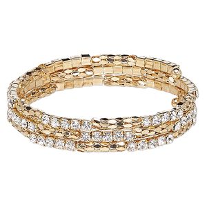 Bracelet, glass rhinestone with steel memory wire and gold-finished steel, clear, 12mm wide with cupchain and rounded diamond, adjustable from 7-1/2 to 8-1/2 inches. Sold individually.