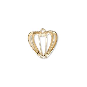 Drop, gold-plated steel and brass, 14mm heart bead cage. Sold per pkg of 4.