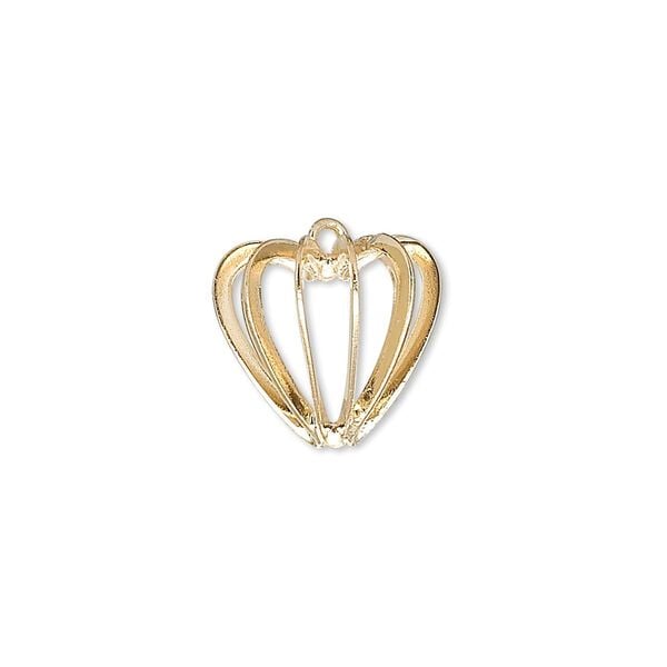 Drop, gold-plated steel and brass, 14mm heart bead cage. Sold per pkg of 4. image number 0