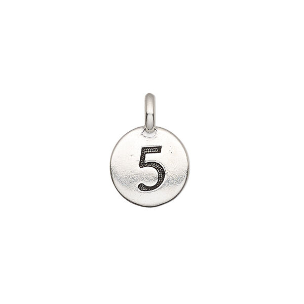 Drop, TierraCast®, antique silver-plated pewter (tin-based alloy), 11.5mm single-sided round with textured number "5." Sold per pkg of 2. image number 0