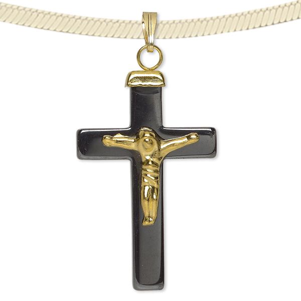 Pendant, Hemalyke™ (man-made) and gold-finished metal, 34x22mm crucifix. Sold per pkg of 4. image number 0