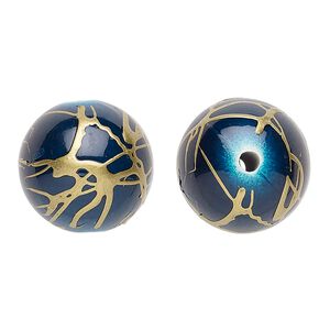 Bead, acrylic, dark blue and gold, 18mm round with swirls. Sold per pkg of 30.