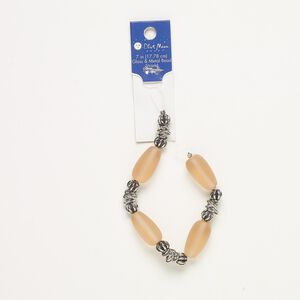 Bead mix, frosted glass / silver- / antique silver-finished "pewter" / steel, pink, (8) 8x7mm rondelles and (4) 24x13mm teardrops with (4) 10x8mm fancy oval jump rings. Sold per 7-inch strand.